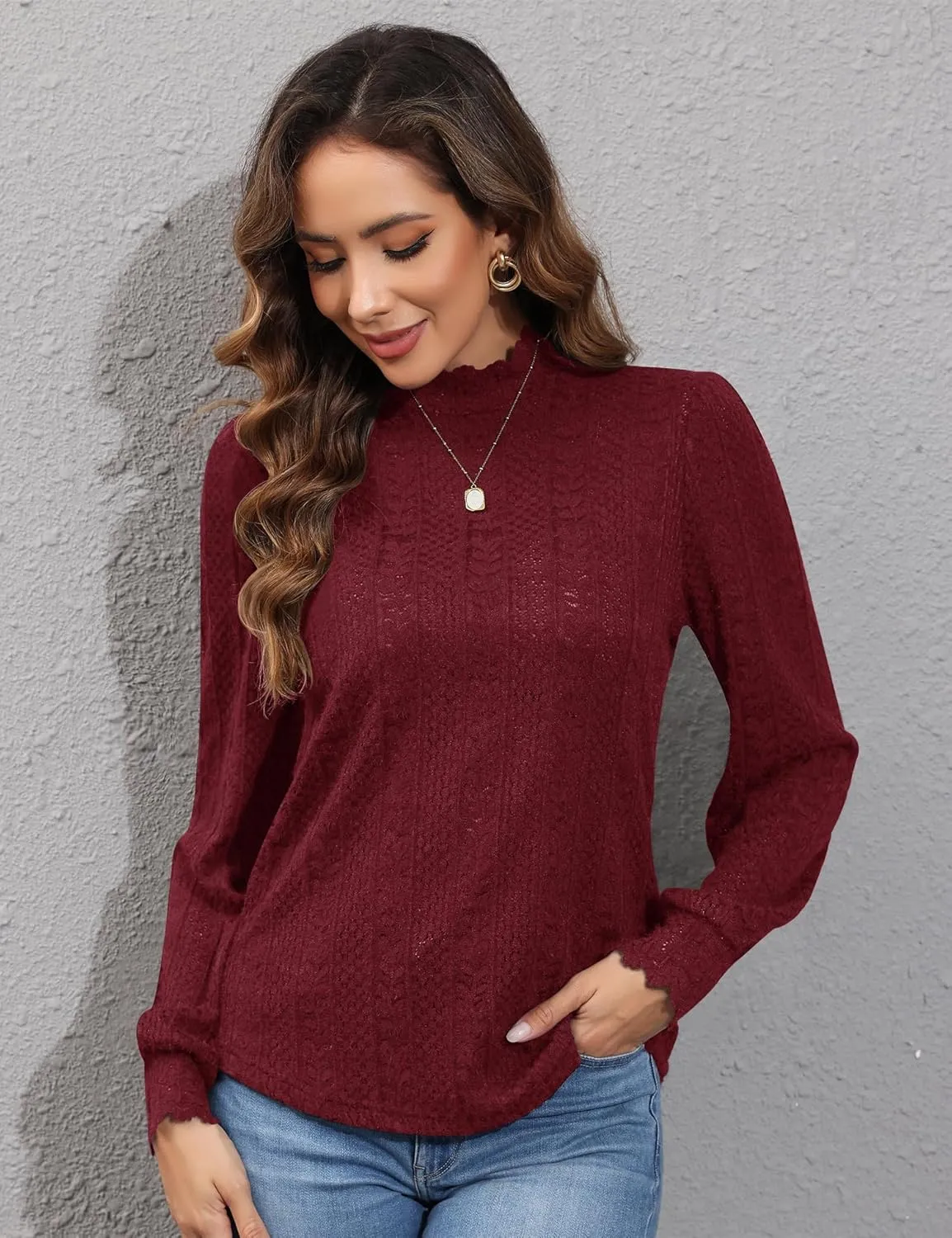 Micoson Women Lace Shirts Mock Neck Long Sleeve Top Casual Blouses Stretch Lace Slim T Shirt Dressy Blouse Tunic Tops