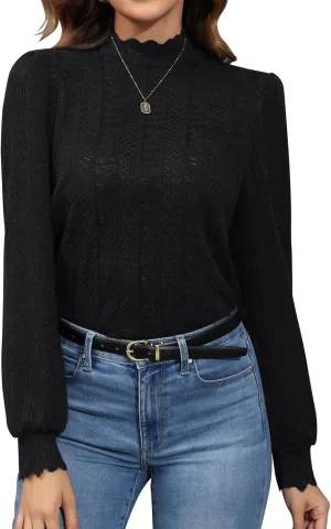 Micoson Women Lace Shirts Mock Neck Long Sleeve Top Casual Blouses Stretch Lace Slim T Shirt Dressy Blouse Tunic Tops