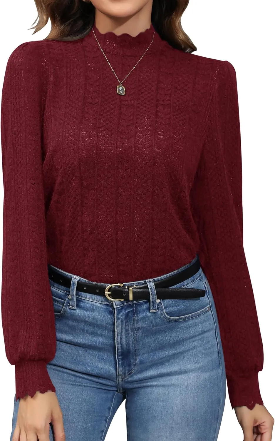 Micoson Women Lace Shirts Mock Neck Long Sleeve Top Casual Blouses Stretch Lace Slim T Shirt Dressy Blouse Tunic Tops
