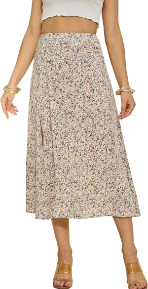 NENONA Womens Summer Flowy Slit Midi Skirts Casual Lightweight High Waisted Boho Floral Beach Skirt