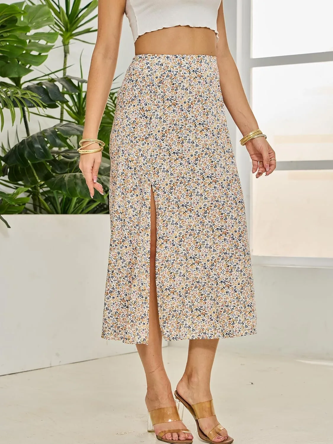 NENONA Womens Summer Flowy Slit Midi Skirts Casual Lightweight High Waisted Boho Floral Beach Skirt