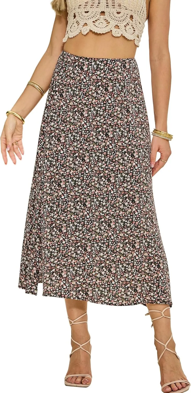 NENONA Womens Summer Flowy Slit Midi Skirts Casual Lightweight High Waisted Boho Floral Beach Skirt