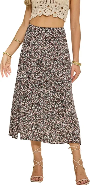 NENONA Womens Summer Flowy Slit Midi Skirts Casual Lightweight High Waisted Boho Floral Beach Skirt