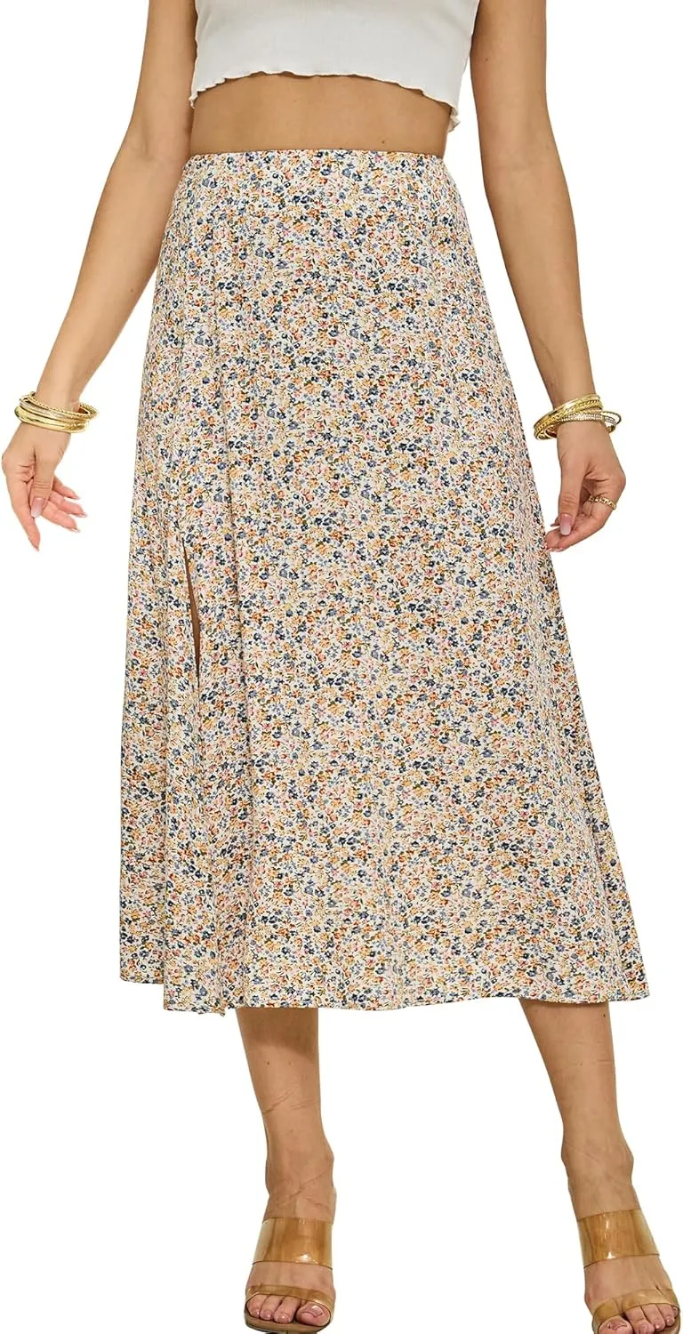 NENONA Womens Summer Flowy Slit Midi Skirts Casual Lightweight High Waisted Boho Floral Beach Skirt