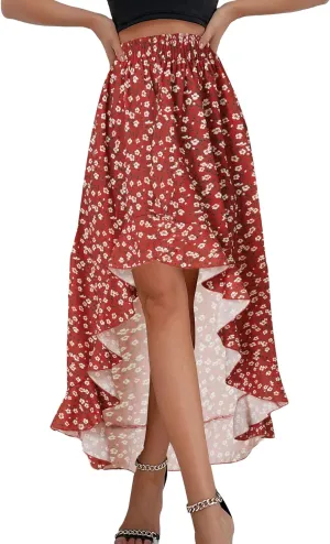 OPOIPIN Women's Leopard Print Elastic Waist High Low Ruffle Hem Casual Long Maxi Skirt