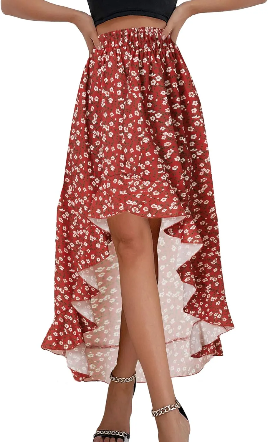 OPOIPIN Women's Leopard Print Elastic Waist High Low Ruffle Hem Casual Long Maxi Skirt