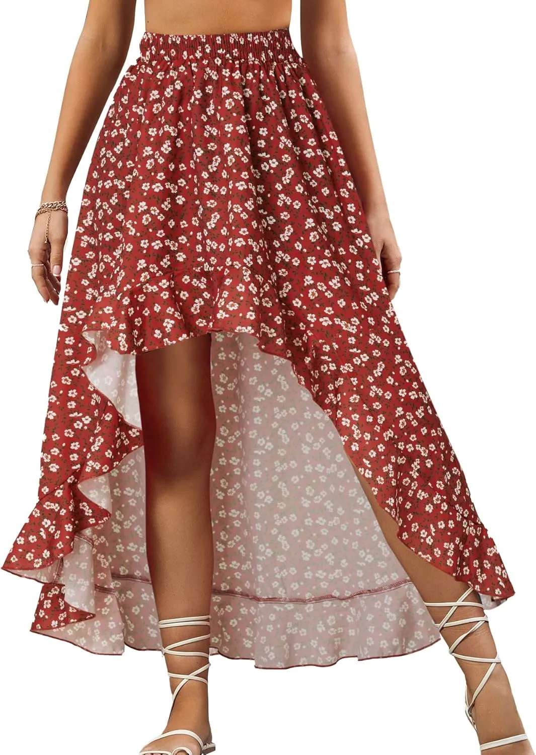 OPOIPIN Women's Leopard Print Elastic Waist High Low Ruffle Hem Casual Long Maxi Skirt