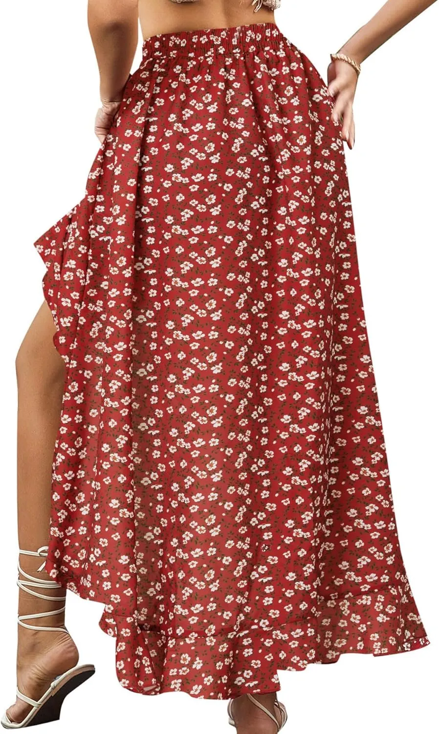 OPOIPIN Women's Leopard Print Elastic Waist High Low Ruffle Hem Casual Long Maxi Skirt