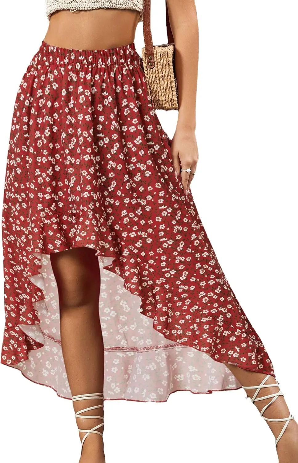 OPOIPIN Women's Leopard Print Elastic Waist High Low Ruffle Hem Casual Long Maxi Skirt