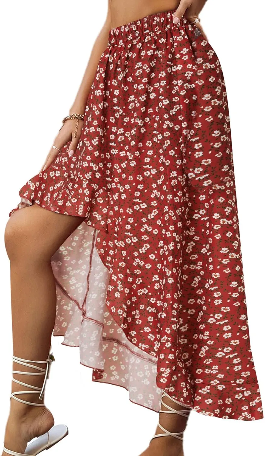 OPOIPIN Women's Leopard Print Elastic Waist High Low Ruffle Hem Casual Long Maxi Skirt