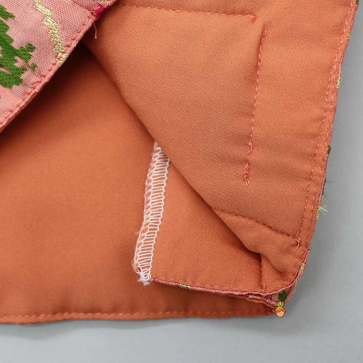 Pre Order: Puff Sleeves Peach Embroidered Drape Top And Pleated Lehenga