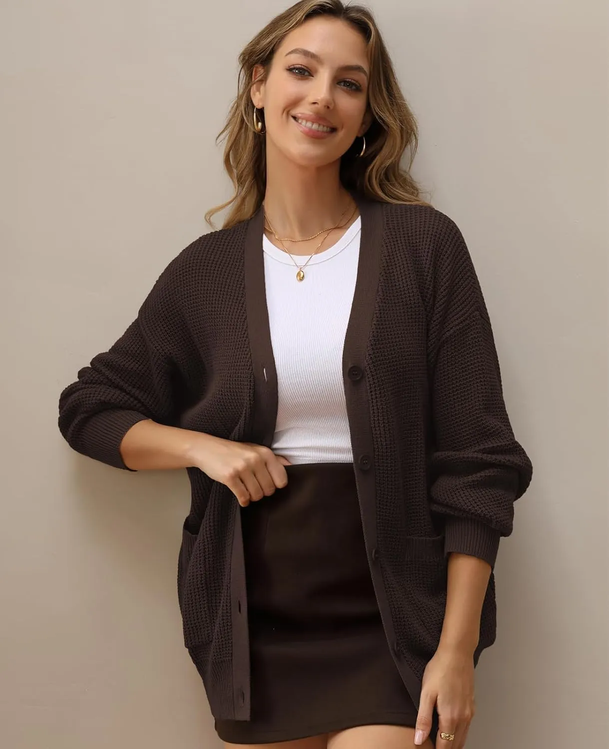 QUALFORT Women's 100% Cotton Cardigan Sweaters for Women Button Down Oversized Knit Outerwear with Pockets