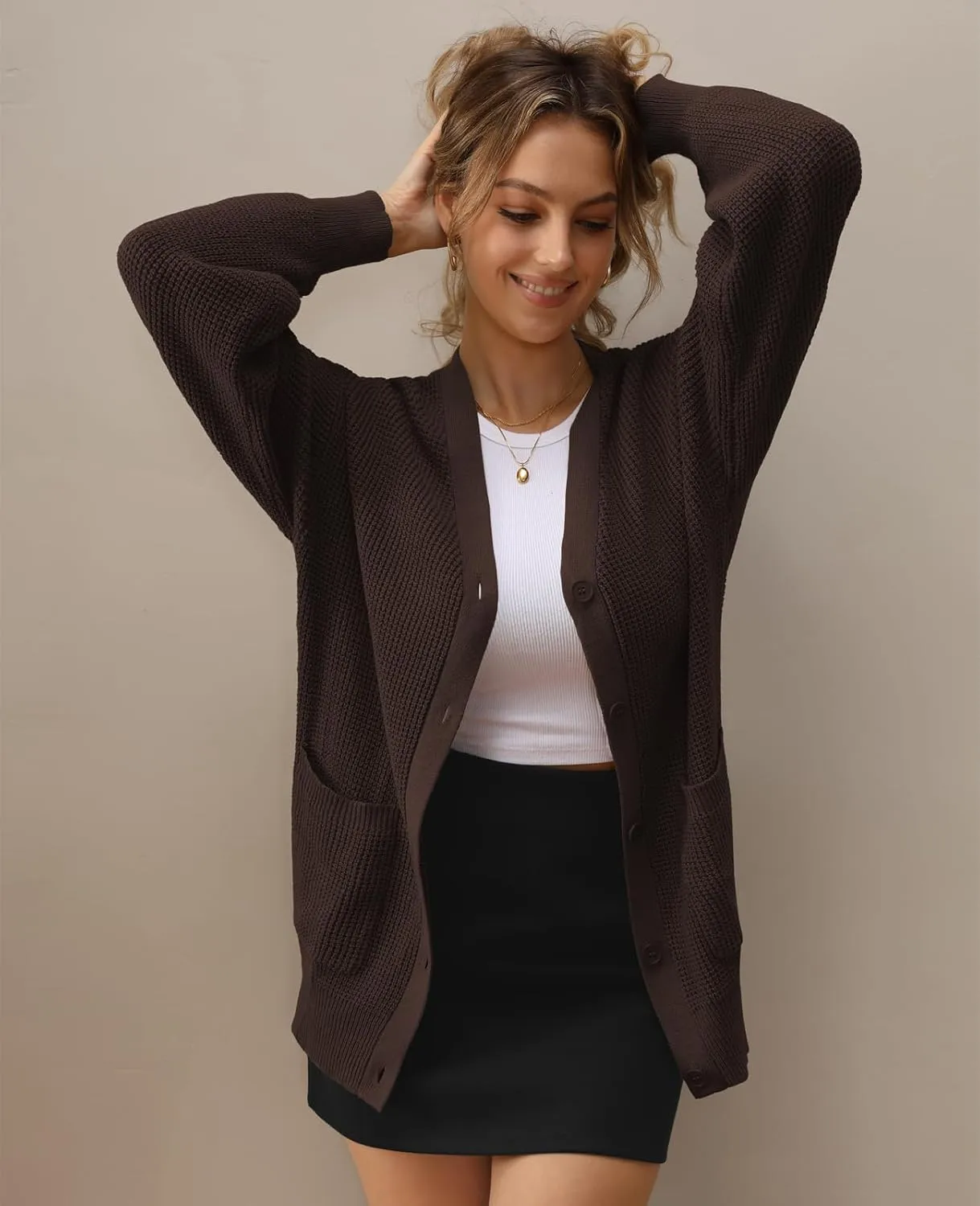 QUALFORT Women's 100% Cotton Cardigan Sweaters for Women Button Down Oversized Knit Outerwear with Pockets