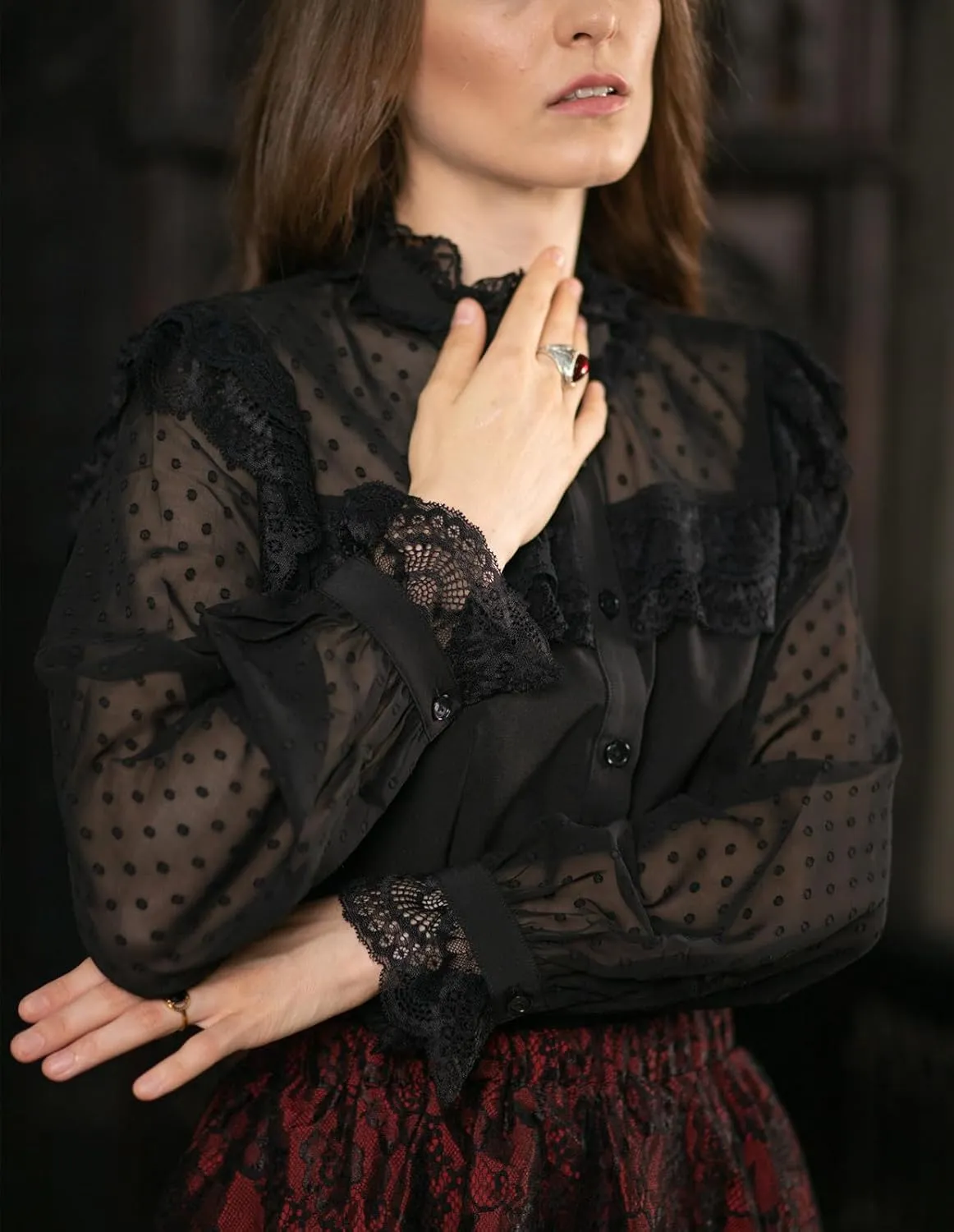Scarlet Darkness Women's Victorian Lace Tops Polka Dot Button Down Long Sleeve Shirt