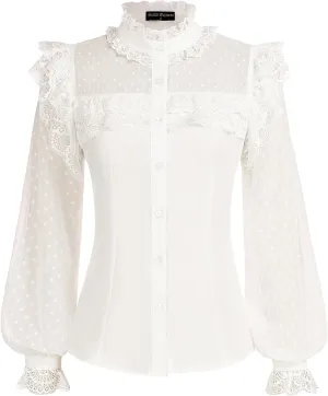 Scarlet Darkness Women's Victorian Lace Tops Polka Dot Button Down Long Sleeve Shirt