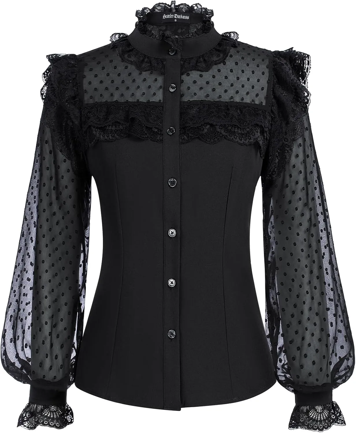 Scarlet Darkness Women's Victorian Lace Tops Polka Dot Button Down Long Sleeve Shirt