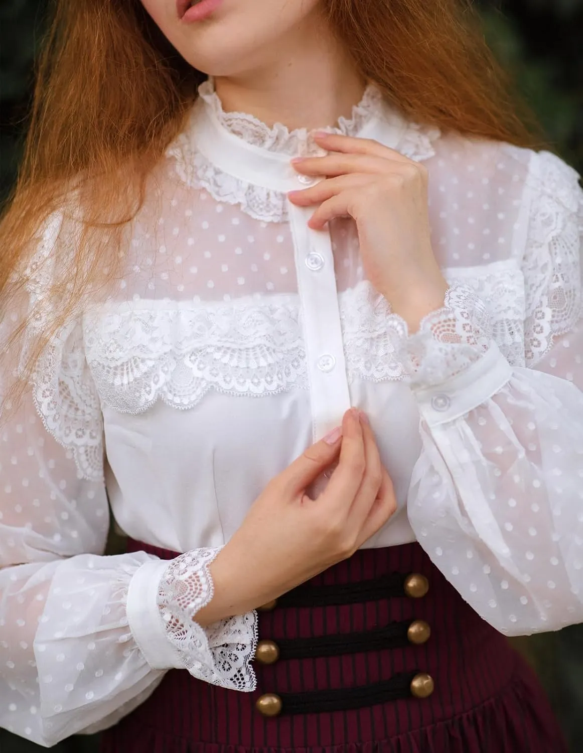 Scarlet Darkness Women's Victorian Lace Tops Polka Dot Button Down Long Sleeve Shirt