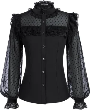 Scarlet Darkness Women's Victorian Lace Tops Polka Dot Button Down Long Sleeve Shirt