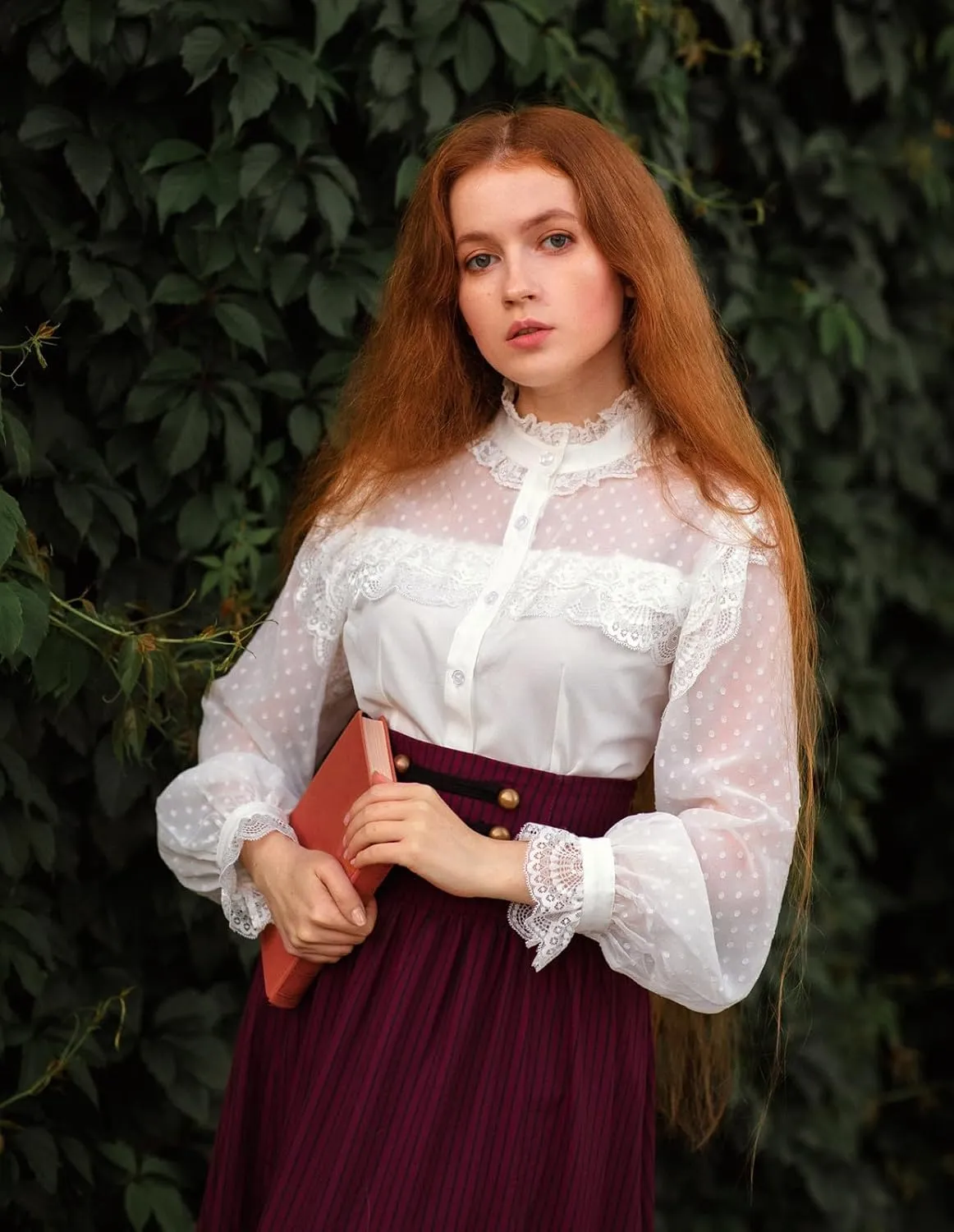 Scarlet Darkness Women's Victorian Lace Tops Polka Dot Button Down Long Sleeve Shirt