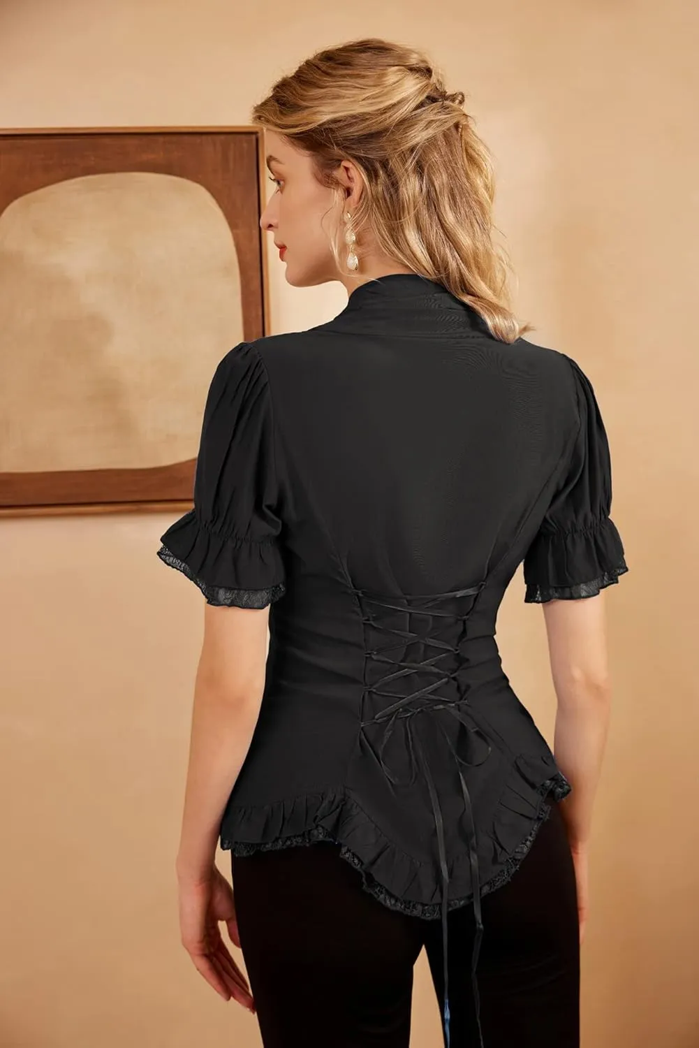 Scarlet Darkness Womens Work Tops Dressy Casual 2025 Elegant Short Puff Sleeve Victorian Peasant Blouses