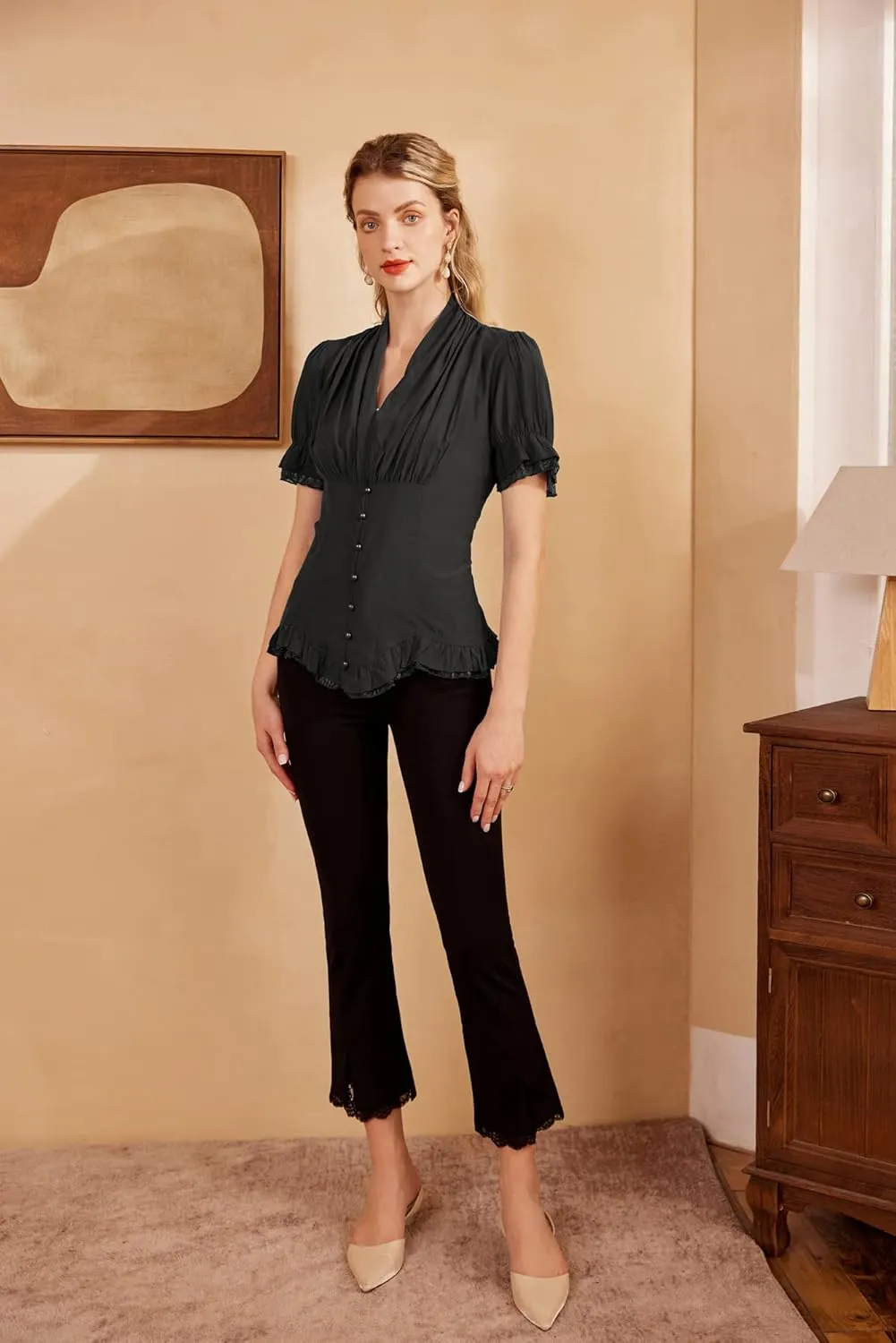Scarlet Darkness Womens Work Tops Dressy Casual 2025 Elegant Short Puff Sleeve Victorian Peasant Blouses