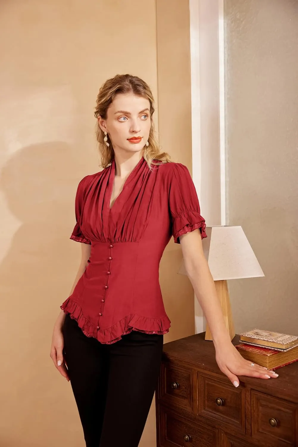 Scarlet Darkness Womens Work Tops Dressy Casual 2025 Elegant Short Puff Sleeve Victorian Peasant Blouses