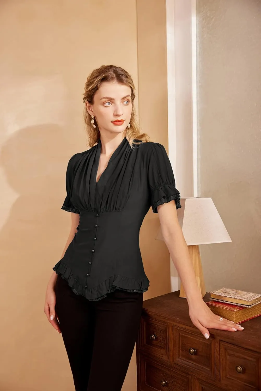 Scarlet Darkness Womens Work Tops Dressy Casual 2025 Elegant Short Puff Sleeve Victorian Peasant Blouses