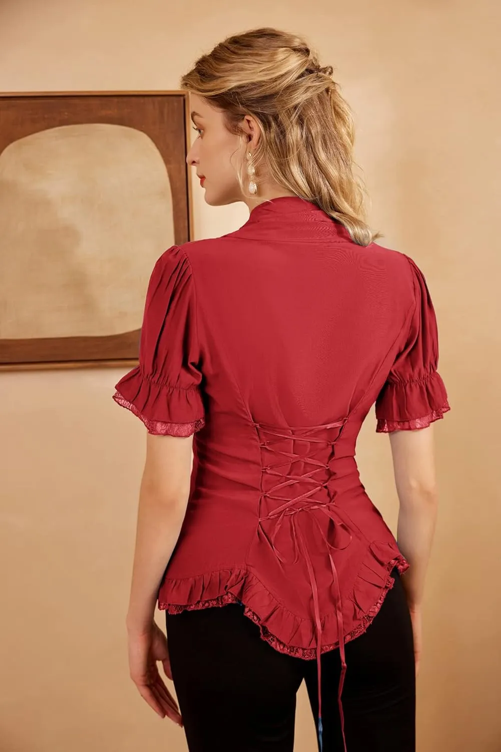 Scarlet Darkness Womens Work Tops Dressy Casual 2025 Elegant Short Puff Sleeve Victorian Peasant Blouses
