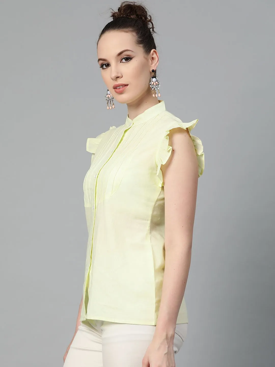 Solid Lime Yellow Top With Detailed Sleeves