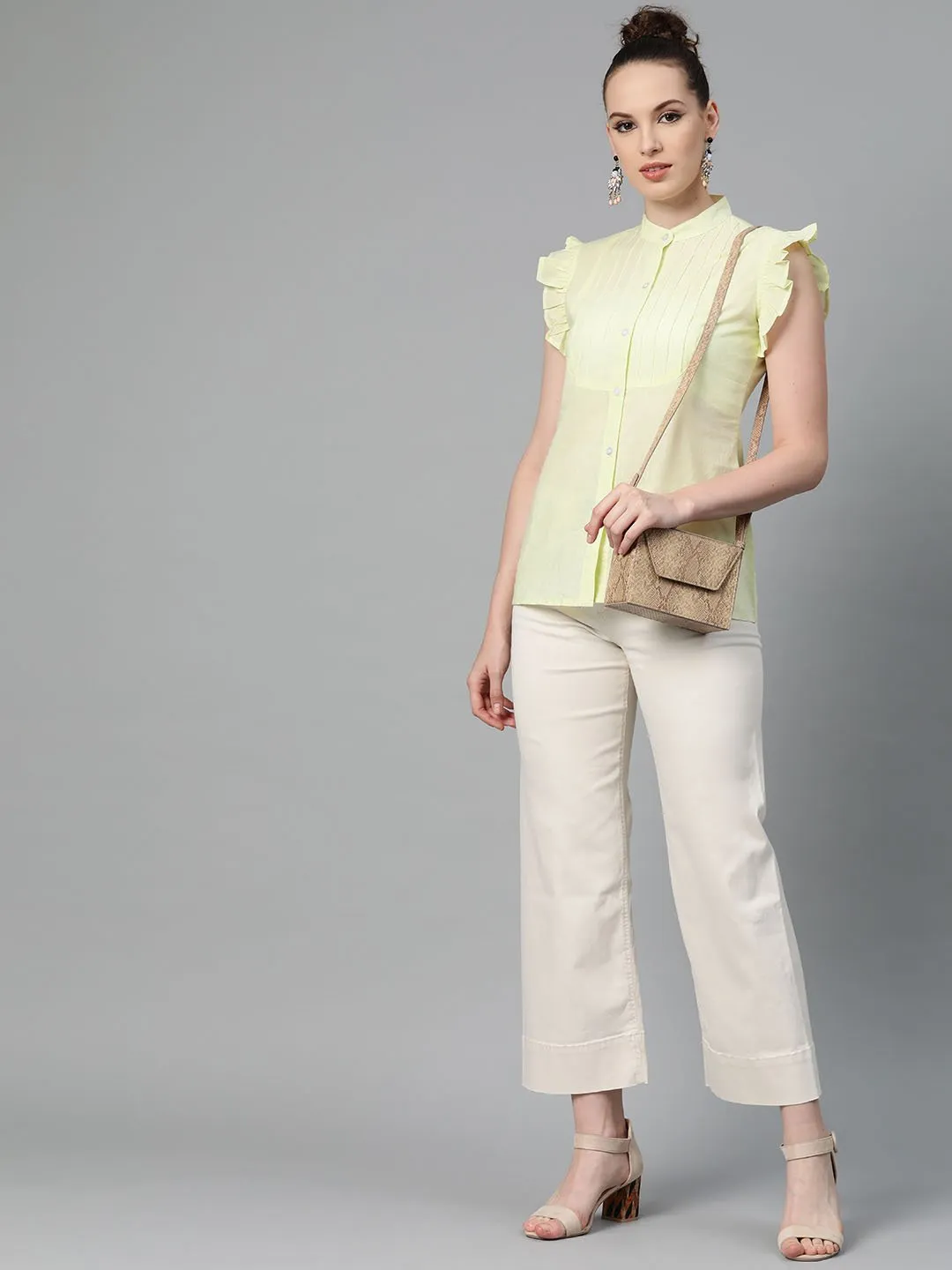 Solid Lime Yellow Top With Detailed Sleeves