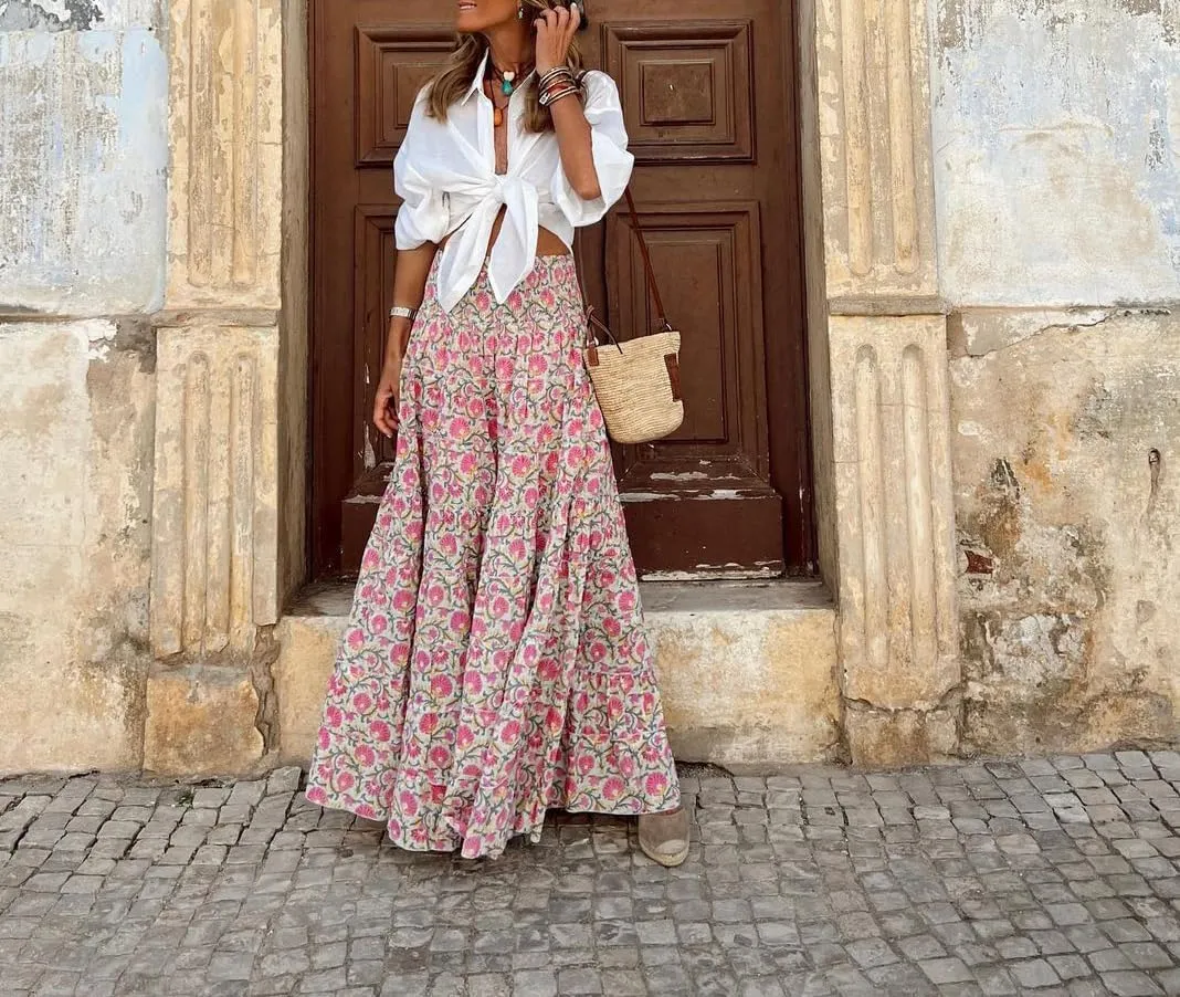 Spevert Women's Bohemian Floral Printed Elastic Waist A Line Maxi Skirt for Women Summer Casual Long Skirt
