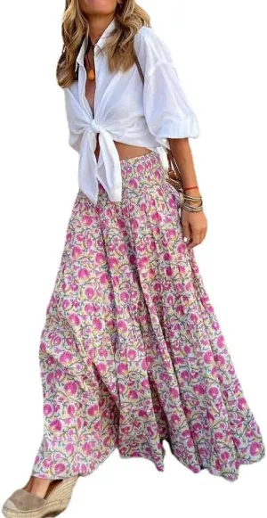 Spevert Women's Bohemian Floral Printed Elastic Waist A Line Maxi Skirt for Women Summer Casual Long Skirt