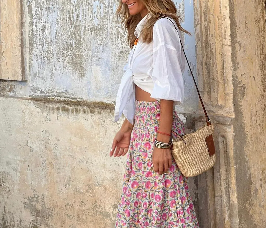 Spevert Women's Bohemian Floral Printed Elastic Waist A Line Maxi Skirt for Women Summer Casual Long Skirt