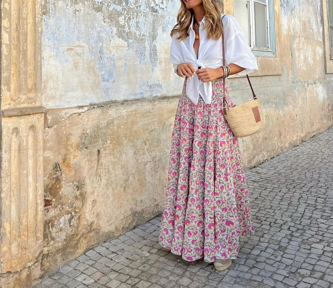Spevert Women's Bohemian Floral Printed Elastic Waist A Line Maxi Skirt for Women Summer Casual Long Skirt