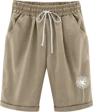 Summer Shorts for Women Elastic Waist Knee Length Bermuda Shorts Casual Loose Comfy Drawstring Workout Shorts Pockets