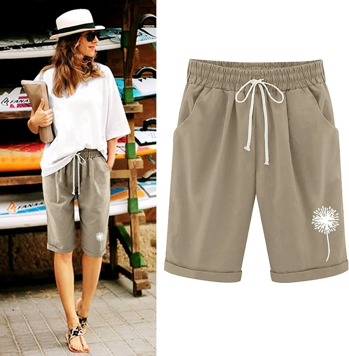 Summer Shorts for Women Elastic Waist Knee Length Bermuda Shorts Casual Loose Comfy Drawstring Workout Shorts Pockets