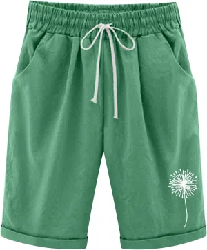 Summer Shorts for Women Elastic Waist Knee Length Bermuda Shorts Casual Loose Comfy Drawstring Workout Shorts Pockets