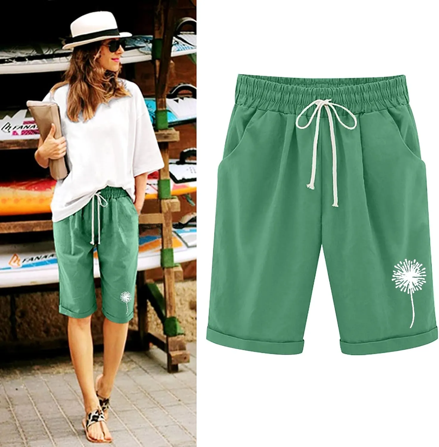 Summer Shorts for Women Elastic Waist Knee Length Bermuda Shorts Casual Loose Comfy Drawstring Workout Shorts Pockets