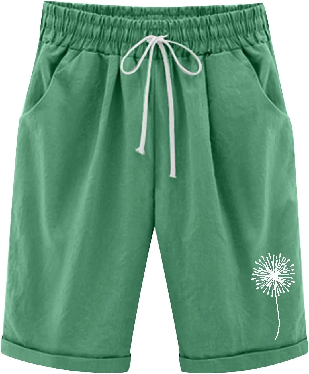 Summer Shorts for Women Elastic Waist Knee Length Bermuda Shorts Casual Loose Comfy Drawstring Workout Shorts Pockets