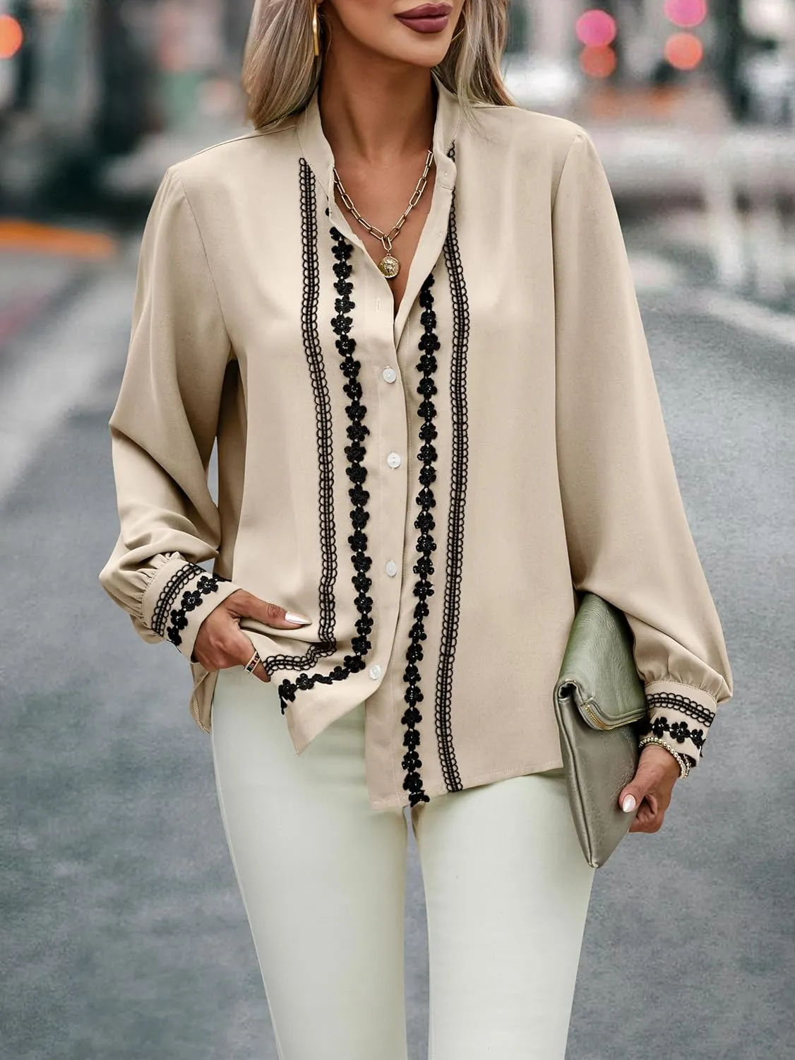 Theenkoln Womens Work Button Blouses: Long Sleeve V Neck Lace Casual Button Down Fall Trendy Shirts