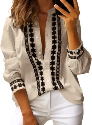 Theenkoln Womens Work Button Blouses: Long Sleeve V Neck Lace Casual Button Down Fall Trendy Shirts