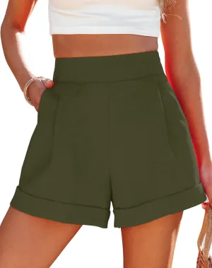 Uincloset Casual Elastic High Waist Denim Shorts Summer Rolled Hem Pocketed Shorts Comfy Wide Leg Shorts