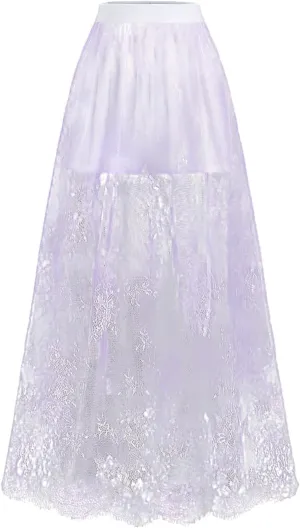 Verdusa Women's Lace Maxi Skirts Flowy Mesh Festival Outfit Rave Beach Vacation Long Skirt