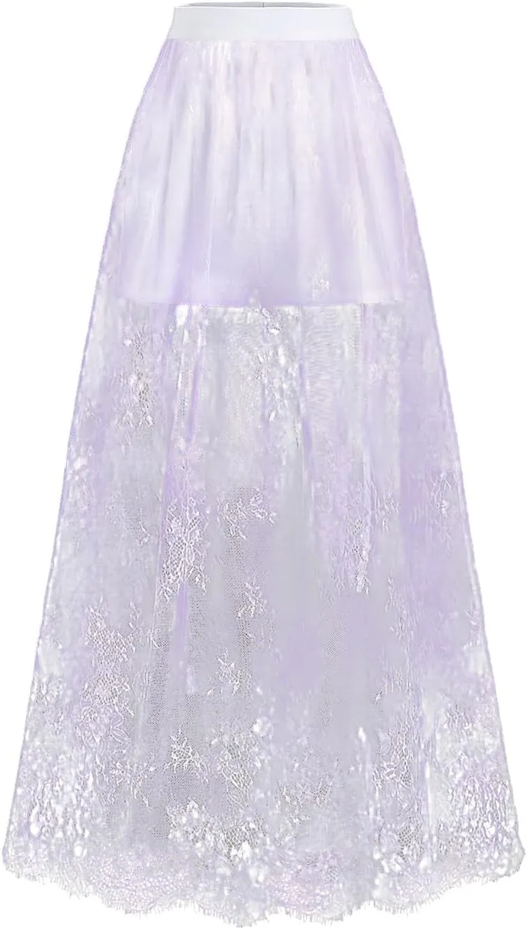 Verdusa Women's Lace Maxi Skirts Flowy Mesh Festival Outfit Rave Beach Vacation Long Skirt