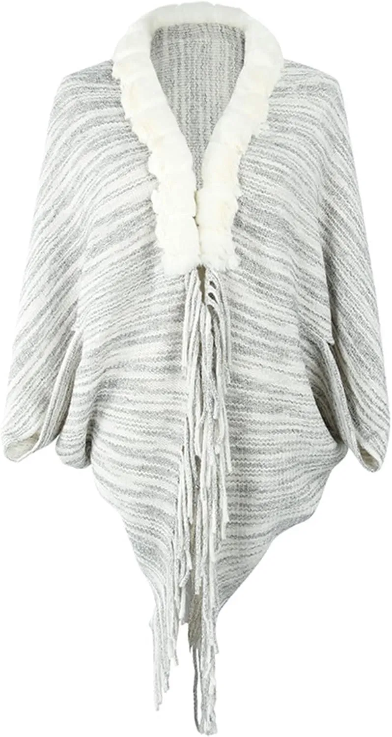 Women Fine Knit Open Front Sweater Fashion Fur Trim Layers Cape Cardigan Poncho Casual Vintage Knitted Tassel Wrap Shawl