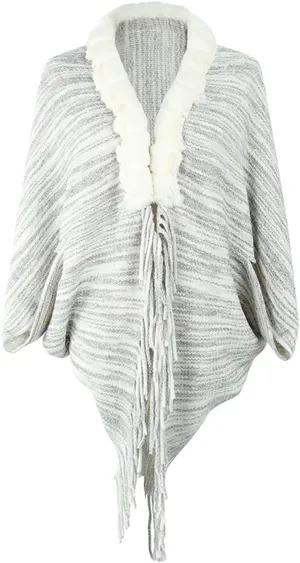 Women Fine Knit Open Front Sweater Fashion Fur Trim Layers Cape Cardigan Poncho Casual Vintage Knitted Tassel Wrap Shawl