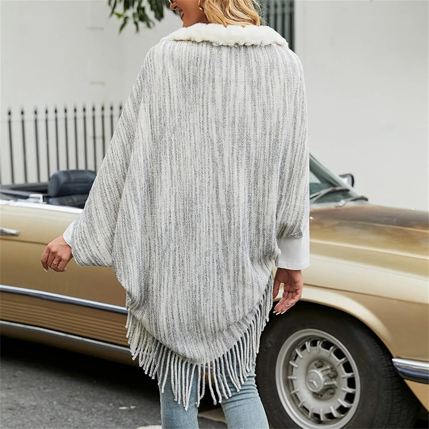 Women Fine Knit Open Front Sweater Fashion Fur Trim Layers Cape Cardigan Poncho Casual Vintage Knitted Tassel Wrap Shawl