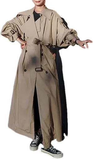 Women Long Trench Coat Lapel Long Sleeves Double Breasted With Belt Loose Trenchcoats Loose Classic Coat