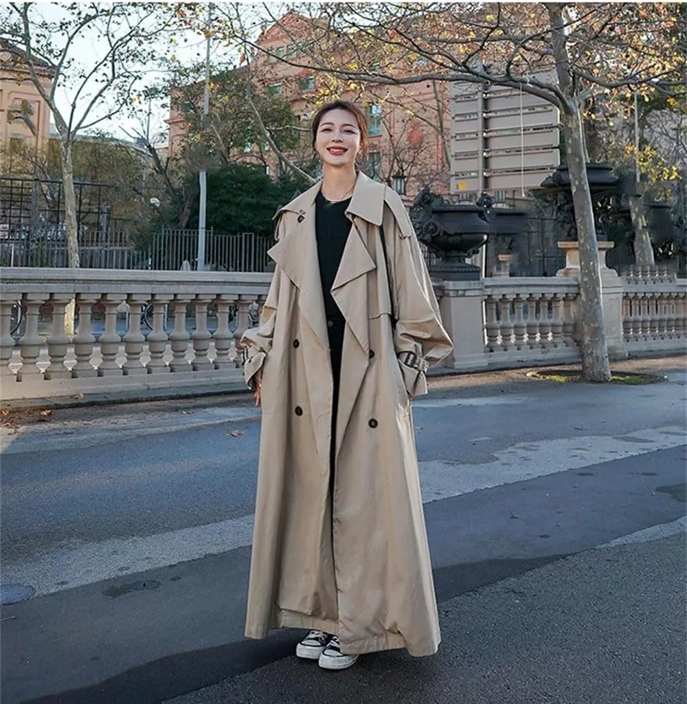 Women Long Trench Coat Lapel Long Sleeves Double Breasted With Belt Loose Trenchcoats Loose Classic Coat