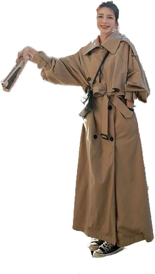 Women Long Trench Coat Lapel Long Sleeves Double Breasted With Belt Loose Trenchcoats Loose Classic Coat